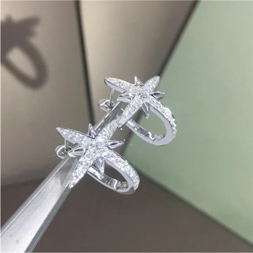 New Sterling Silver White Sapphire Star Huggies - Picture 3 of 3
